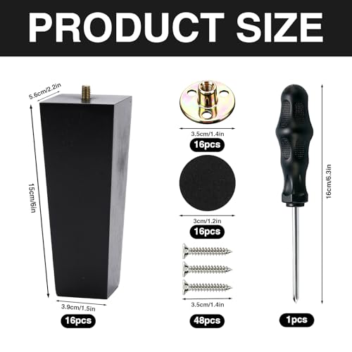 Set of 16 Black 6 Inch Square Solid Wood Furniture Legs Wooden Replacement Feet for Sofa Legs Replacement, Couch Feet Replacement, Chair, Bed, Includes M8 Iron Washers, Screws, Felt Pads & Screwdriver - size: 6 Inch