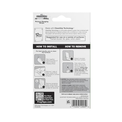 FrogTape reMOVEables Medium Picture Hanging Strips- 12 Pairs - 12lbs per 4 Pairs - Damage-Free Removeable Adhesive Wall Strips Picture Hangers for Mounting Frames, Canvas, Home Décor White (24 Pieces) - size: 12 Pairs, style: Medium