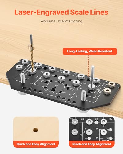 VEVOR Shelf Pin Jig and Hinge Jig Two-in-One, Aluminum Alloy Cabinet Hardware Hole Drilling Template with 1/4" and 3/16" Drill Bits, for Cabinet Doors Bookshelves Wardrobes Woodworking and DIY - size: Pro, style: Shelf Pin & Hinge Jig