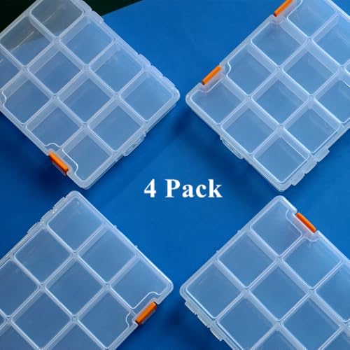 4 Pack 12 Grids Clear Plastic Storage Box with Dividers, Transparent Organizer Container Case for Small Parts, Bead, Button, Jewelry, Diamond, Craft Supplies,Sewing Kit, DIY Accessories - size: 12 Grids