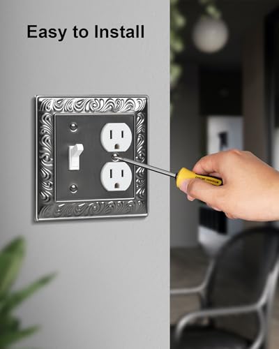 2-Pack Paisley Pattern Metal Combo Toggle/Duplex Light Switch Cover Plate | Decorative Wall Outlet Cover Plate, 2 Gang Metal Wall Plates for Electrical Outlets, Light Switch, Antique Silver - color: Antique Silver, size: 1 Toggle/1 Duplex 2PK