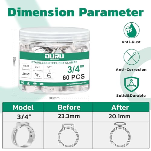 OURU 60PCS 3/4 Pex Crimp Rings, 304 Stainless Steel Pex Fittings - size: 3/4" × 60PCS