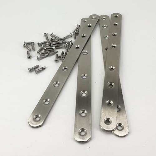 QSJ 4 Pack Flat Straight Bracket Mending Plate for Wood Stainless Steel Straight Brackets 242mm / 9.5" Wood Brace with Screws - size: Silver, 9.5 Inch