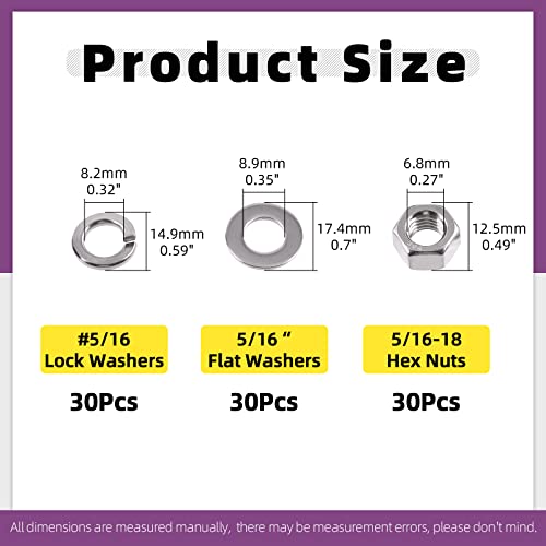 Swpeet 90Pcs SAE 304 Stainless Steel 5/16-18" Hex Nuts and #5/16 Flat Washers with #5/16 Split Lock Washers Assortment Kit, Coarse Thread Hexagon Nut for Home Automotive Shop Use - size: #5/16-18 Hex Nuts & Washers