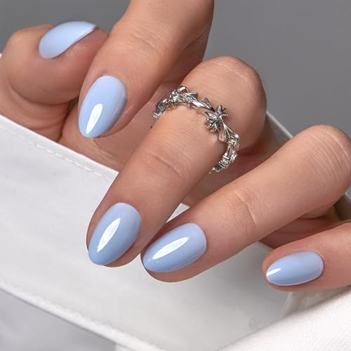 CurvLife Extra Short Almond Press On Nails, Terra Nude Nude Blue, Soft Gel - color: A9 - Misty Blue