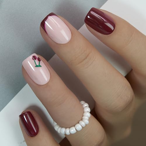 CurvLife Medium Square French Tip Press On Nails, Cherry Red, Soft Gel - color: Cherry Accent Solid French Manicure