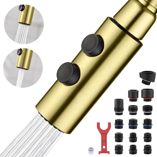 TIORIY Kitchen Faucet Head Replacement Metal, Pull Down Spray Head with 15 Adapters for Kitchen Faucet, 2 Function Kitchen Sink Spray Nozzle, Stainless Steel, Brushed Gold - color: Brushed Gold