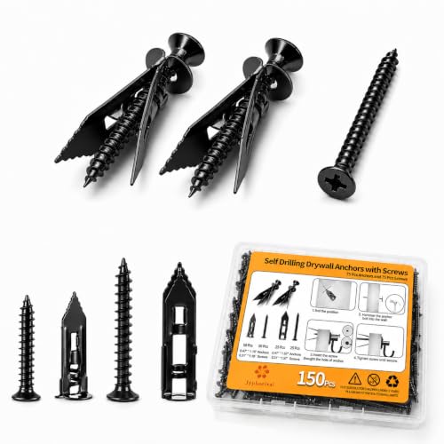 Jyphorixal 150Pcs Self Drilling Drywall Anchors with Screws Kit,Zinc Plated Steel,2 Sizes Expansion Screws and 2 Sizes Wall Anchors, Easy Application No Drill or Holes in Wall.(Electrophoretic Black) - size: Black 150Pcs 2Size kit