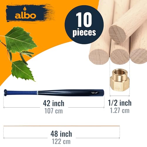 ALBO 1/2" x 48" Wooden Dowel Rods Set - 10 Pack Birch Natural Long Thin Craft Sticks Joinery Curtain Holders Toys Hardwood Smooth Finish Universal Material DIY Decor Bulk Professional - size: 1/2" x 48" 10 Pcs