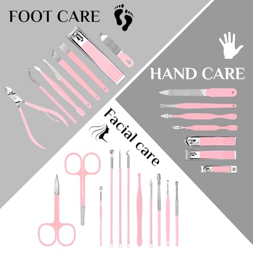 MINKINH 26-Piece Manicure Set for Women, Pink At-Home Nail Care Kit | Carbon Steel Nail Clippers, 410 Stainless Steel Tools, PU Organizer Case for Pedicure, Cuticle, Facial and Daily Self-Care - color: Pink