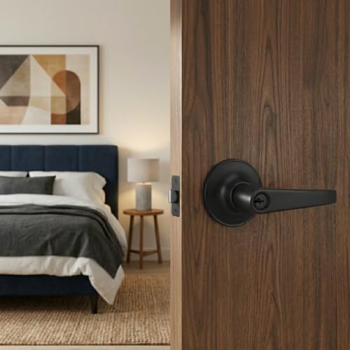 1 Pack of MANREN Lever Keyed Entry Door Lever Handle Lock, Universal Door Knob Hardware, Entrance Version,Black Color (MR802ET-B) - color: Black, style: Entrance
