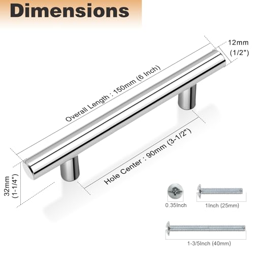 Probrico 5 Pack| 3.5 Inch Euro Bar Cabinet Pull Polished Chrome Modern Cabinet Hardware, T Bar Kitchen Cabinet Handles Dresser Pulls, 3-1/2" Hole Centers - color: Polished Chrome, size: hole center 3-1/2"