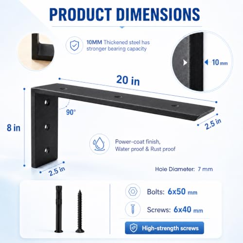 WINKER Countertop Support Bracket 2 Pack Heavy Duty 3/8" Thick Hidden L Shelf Bracket 20" x 8" x 2.5" Metal Corbels for Quartz/Granite/Wood/Concrete/Laminate Countertops, Black (6 Hole) - size: 20″x8″x2.5″-6 hole-3/8" thick, style: Black-2Pack