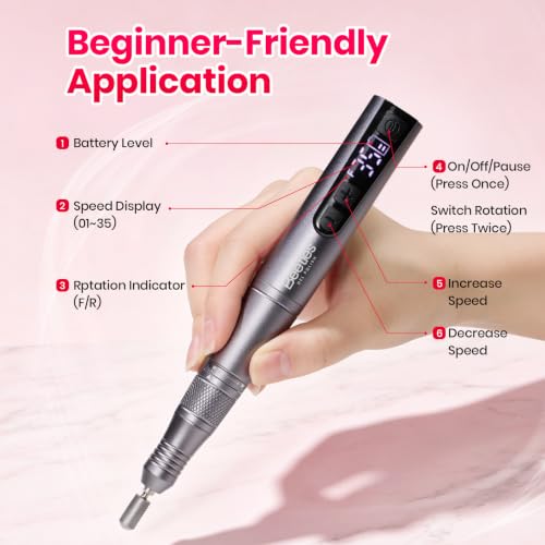 Beetles Cordless Nail Drill Kit, 6 Drill Bit 35 Speeds Electric Nail File - color: B - Grey