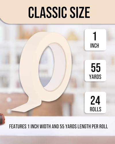 Lichamp Masking Tape 1 inch, 24 Pack General Purpose Beige White Masking Tape, 1 inch x 55 Yards x 24 Rolls (1320 Total Yards) - size: 24 Rolls x 0.94 inch x 55 Yards