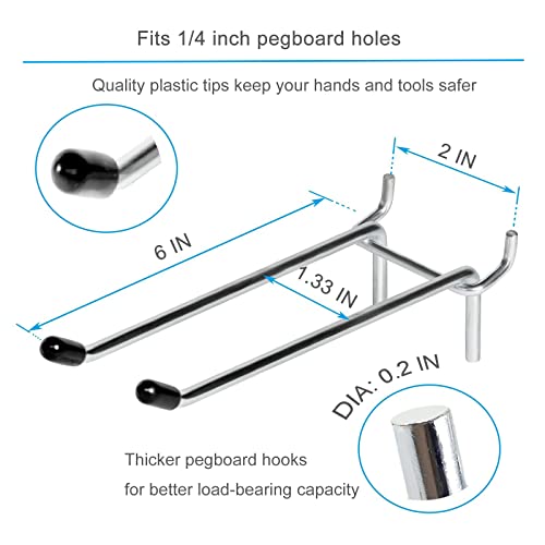 10 Pcs Pegboard Hooks, 6 Inch Peg Board Hooks, Pegboard Pegs Accessories with Rubber Tipped, Double Peg Hook Fit 1/4” Hole, Heavy Duty Tool Utility Hook for Hanging Tools, Bags and More