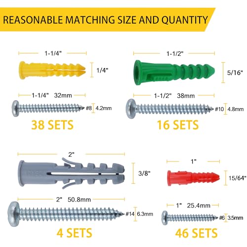 JEGONFRI 208PCS Drywall Anchors & Screws Kit, 4 Sizes, Wall Anchors