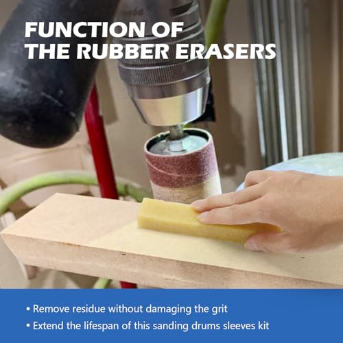 2-1/2’’Sanding Drum and Sleeves Set with 1/4’’, 1/8’’Shank and Sandpaper Cleaning Stick-Eraser, Drill Sanding Kit for Sanding Polishing Multiple Materials Wood Fiberglass Metal, 80, 120 Grit-21PCS - size: Length: 2-1/2'' (sanding drums & sleeves)