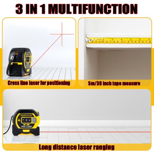 The 3-in-1 almighty laser measuring tools ruler,16Ft Ruler 131Ft Laser - color: Yellow, size: Laser 135 ft