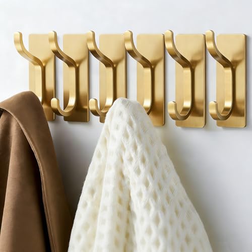 Adhesive Wall Hooks for Towel/Coat,13Lb Strong Stick-On Hooks, Gold 6 Pack - color: Gold, size: 6 Pack