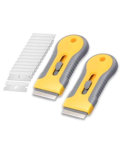 Bates- Razor Blade Scraper Tool, 2 Pack, 30 Extra Carbon Steel Blades, Anti-Slip Ergonomic Handle Design, Razor Scraper Set for Cleaning Window, Paint, Oven, Glass, Stove - color: Yellow and Gray