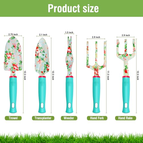 Garden Tools Set, JUMPHIGH 10 PCS Heavy Duty Gardening Tools Includes Hand Trowel Rake Weeder Pruner, Gardening Gifts for Women, Garden Kit with Tote Bag, Apron, Gloves, Kneeling Pad - color: Blue Green