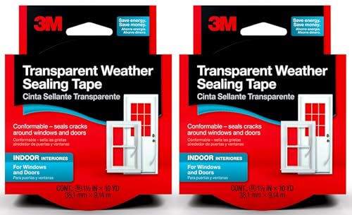 3M Interior Transparent Weather Sealing Tape, 1.5" x 10 Yards (2 Pack), Moisture-Resistant Insulating Tape for Interior Windows & Doors – Seals Drafts, Reduces Energy Loss, No-Residue Removal