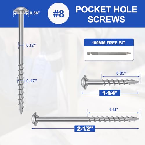 #8 Pocket Hole Screws 1-1/4 Inch, 100Pcs Coarse Thread Wood Screws, Square Drive, Washer Head, 4-Layer Coating, Drive Bit Included (Silver) - color: Silver, size: #8 x 1-1/4"