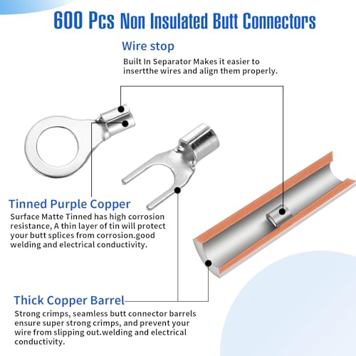 Tellegloww 600pcs Non Insulated Ring Terminal Kit, Fork Butt Connectors