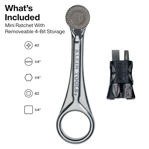 Klein Tools 65200MAG Slim-Profile Magnetic Mini Ratchet, 90-Tooth Ratchet Screwdriver Set with 1/4-Inch Nut Driver, 4 Bit Storage, Includes Phillips, Slotted, Square, and Nut Driver Adapter - size: Magnetic
