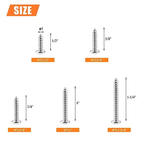 #7 x 1/2" 5/8" 3/4" 1" 1-1/4" Wood Screws Set, HELIFOUNER 145 Pieces Phillips Pan Head Self-Tapping Screws Assortment Kit, Phillips Pan Head Wood Screws, 304 Stainless Steel - size: #7