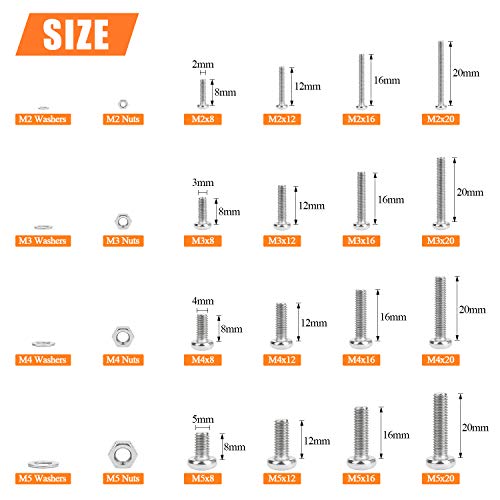 HELIFOUNER 1280 Pieces M2 M3 M4 M5 Phillips Pan Head Machine Screws, Flat Washers and Nuts Assortment Kit, 304 Stainless Steel - size: M2 M3 M4 M5