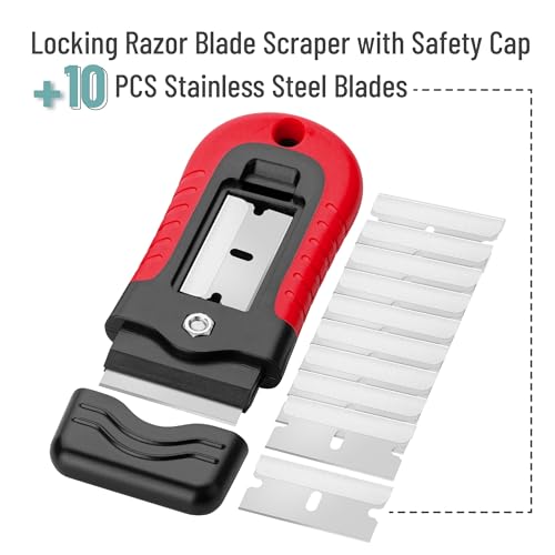 Bates- Razor Blade Scraper, Red, Locking Razor Scraper Set with 10 Extra Stainless Steel Blades, Window Scraper, Scraper Tool, Glass Scraper, Scraper Blades, Paint Scraper Blade Scraper for Cleaning - color: Red