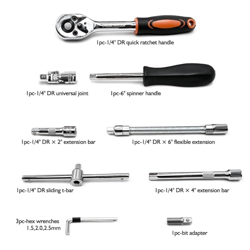 Egofine 46 Pieces 1/4 inch Drive Socket Ratchet Wrench Set, with Bit Socket Set Metric and Extension Bar for Auto Repairing and Household, with Orange Storage Case - style: 1/4" 46 PCS-Orange