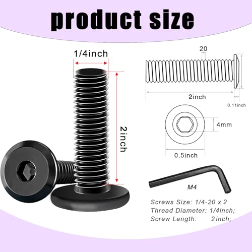 Taiss 20pcs 1/4-20 x 2 Flat Head Socket Head Screw,Furniture Bolts,Furniture Screws 304 Stainless Steel,1/4 Bolts Black Zinc Plated Fully Threaded,Countersunk Connector Screws with Hex Spanner - size: 20PCS 1/4-20x2"