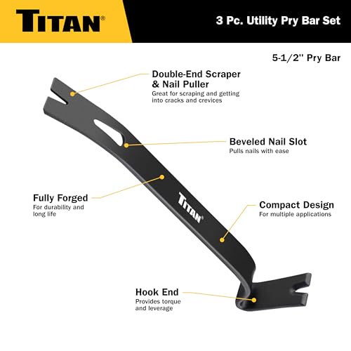 Titan 17121 3-Piece Flat Pry Bar set, 5.5", 7.5" & 9.5"Utility Claw Bars with Nail Puller, Forged Steel Wonder Bar - size: 3 Piece Utility Set