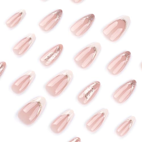 Mivota Medium Press On Nails Almond – Nude & White French Tips with Gold Foil and Glitter Accents, 24PCS Acrylic Fake Nails Kit with Glue and Tools, Elegant Glossy Stick On Nails for Women - color: 52-White Tip Gold Thread Butterfly