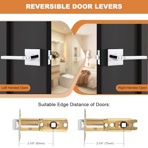 Probrico Interior Door Handles with Lock, Polished Chrome Privacy Levers for Bedroom Bathroom, Heavy Duty Square Reversible Lockset, 10 Pack - color: Polished Chrome
