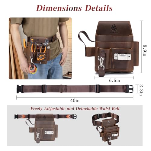 Genuine Leather Electrician Tool Pouch and Belt, Adjustable Leather Tool Belt with Multi-Pockets for Electricians, Brown - size: Small