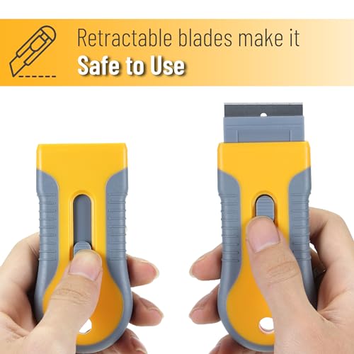 Bates- Razor Blade Scraper Tool, 2 Pack, 30 Extra Carbon Steel Blades, Anti-Slip Ergonomic Handle Design, Razor Scraper Set for Cleaning Window, Paint, Oven, Glass, Stove - color: Yellow and Gray