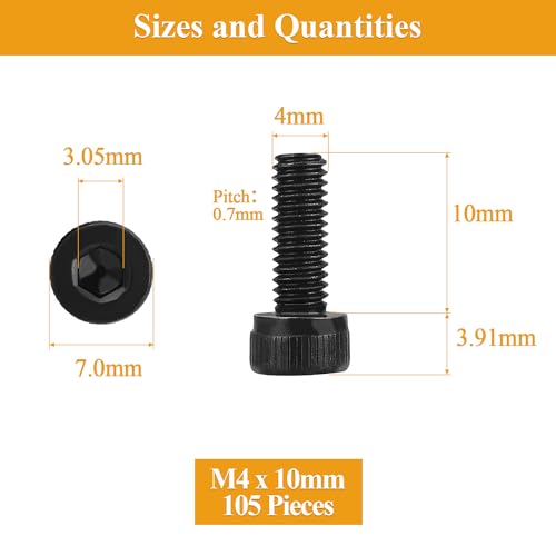 105 Pieces M4 x 10mm Socket Head Cap Screws, Thread Pitch 0.7mm, Sutemribor M4 Black Screws, 12.9 Grade Alloy Steel, Black Oxide Finish, Fully Threaded - size: M4 x 10mm, style: Socket Head