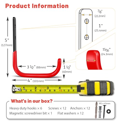 4 Inch Garage Hooks, 6 Pack Heavy Duty Wall Hooks for Hanging - color: Red