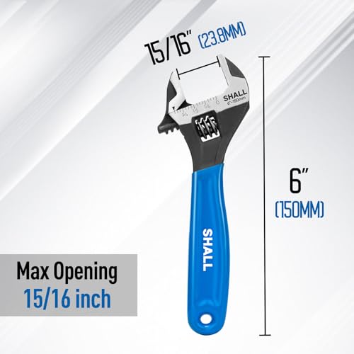 SHALL 6 Inch Adjustable Wrench, Cr-V Steel Spanner with Cushion Grip, Wide Jaw Black Oxide Wrench with Laser-etched SAE Scales for Home, Garage, Workshop and DIY - size: 6 Inch