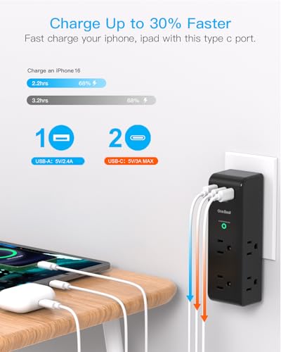 Surge Protector Outlet Extender, Multi Plug Wall Outlet,Rotating Plug,Black - color: Black, size: 2C1A, 1 Pack
