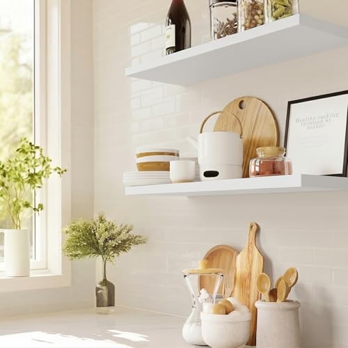 Amada 24 Inch Floating Shelves with Invisible Brackets, Set of 2, White | Wall Shelves with Hidden Bracket, Solid MDF Wood, 22 lbs Max Load per Shelf, Easy to Assemble, Multi-Wall Compatible - color: White, size: 24 inches