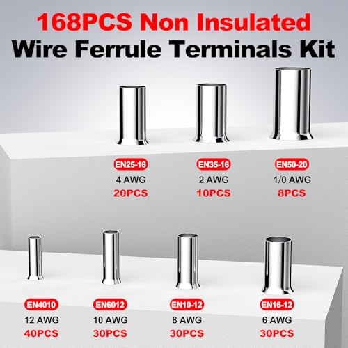 AIRIC 12,10,8,6,4,2,1/0 AWG/Gauge Wire Ferrules Kit 168Pcs Crimp Connectors