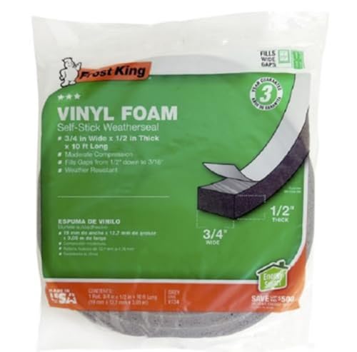 Frost King V734H Vinyl Foam Tape - Closed Cell - Moderate Compression, 3/4" W, 1/2" Thick, 10' L, Grey,Gray - size: Pack of 1, style: 3/4"W,1/2"T,10'L,Grey