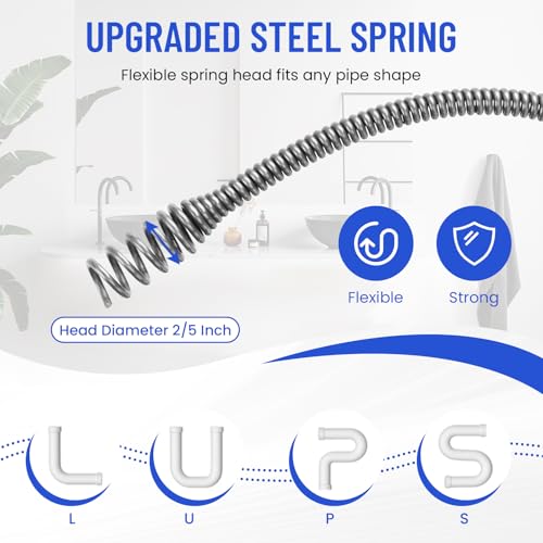 BULLTOOLS Drain Snake, 25FT Drain Auger with Drill Adapter, Flexible Snake Drain Hair Removal Tool for Kitchen Sink, Bathtub, and Shower Comes with Gloves and Storage Bag