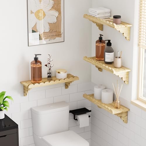 QsQueen Scalloped Wood Wall Shelf – 17 Inch Floating Shelf with Wood Brackets, Easy to Install Rustic Wall Shelf for Living Room, Bedroom, Bathroom, or Any Space - Light Brown - color: Light Brown