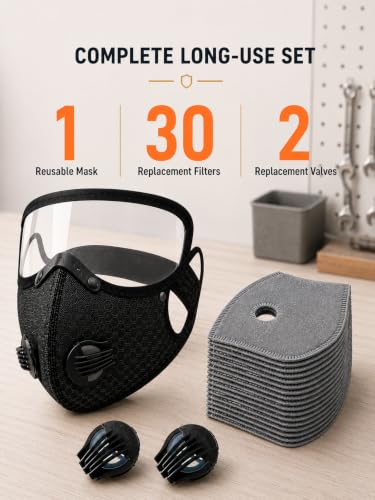 Reusable Carbon Filter Dust Mask with Detachable Goggles, Half Face Windproof Mask with 30 Filters & 2 Valves for Woodworking, Cycling, Mowing, Sanding